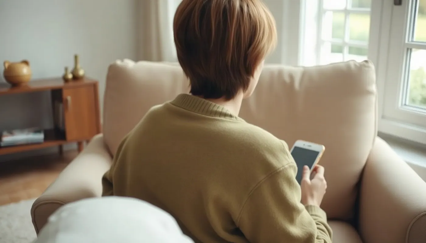 Personne assise dans un fauteuil, en train de lire sur son téléphone